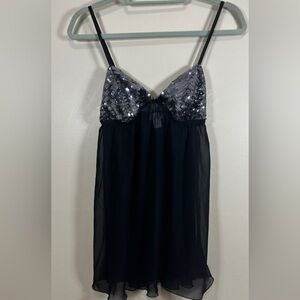 Y2K Vintage Slip Dress Medium Black Sheer Mesh Sequin Babydoll Chemise Lingerie